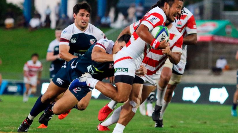 Japan's Yutaka Nagare (R) is tackled by the US Nate Augspurger during their Pacific Nations match in Fiji's capital city Suva on August 10, 2019. (Photo by Lice MOVONO / AFP) (Photo credit should read LICE MOVONO/AFP/Getty Images)