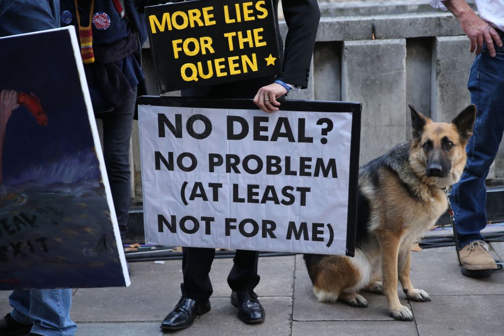 Placards are displayed by an activist as he protests near the Houses of Parliament in central London on September 4, 2019. - British Prime Minister Boris Johnson lost a crucial parliamentary vote on his Brexit strategy on Tuesday after members of his own Conservative Party voted against him, opening the way for possible early elections. The ruling Conservative party lost its working majority in parliament on Tuesday after one of its MPs switched to the anti-Brexit Liberal Democrats and, a few hours later, it expelled 21 MPs from the party for voting against the government. (Photo by ISABEL INFANTES / AFP)        (Photo credit should read ISABEL INFANTES/AFP/Getty Images)