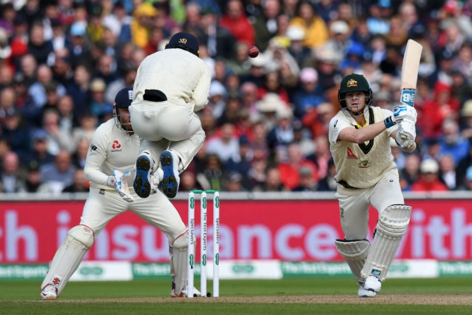 Australia's Steve Smith plays a shot on the first day of the fourth Ashes cricket Test match between England and Australia at Old Trafford in Manchester, north-west England on September 4, 2019. (Photo by Paul ELLIS / AFP) / RESTRICTED TO EDITORIAL USE. NO ASSOCIATION WITH DIRECT COMPETITOR OF SPONSOR, PARTNER, OR SUPPLIER OF THE ECB        (Photo credit should read PAUL ELLIS/AFP/Getty Images)