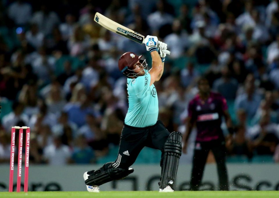 LONDON, ENGLAND - AUGUST 27: Aaron Finch of Surrey hits out during the Vitality T20 Blast match between Surrey and Somerset at The Kia Oval on August 27, 2019 in London, England. (Photo by Jordan Mansfield/Getty Images for Surrey CCC)