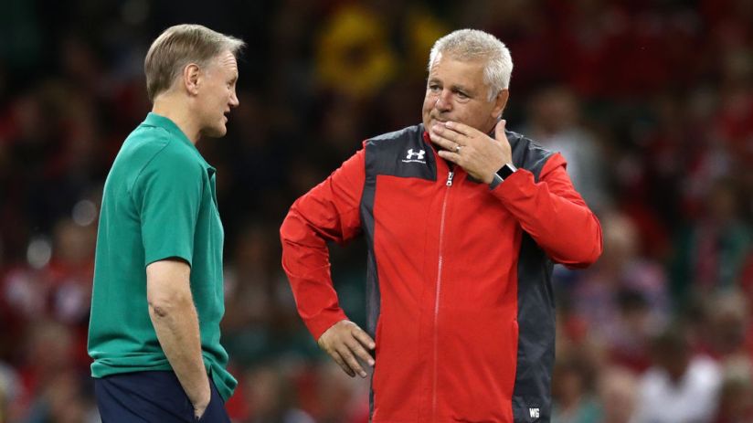 CARDIFF, WALES - AUGUST 31: Coaches Joe Schmidt (l) and Warren Gatland in conversation before the International match between Wales and Ireland at Principality Stadium on August 31, 2019 in Cardiff, Wales. (Photo by Stu Forster/Getty Images)
