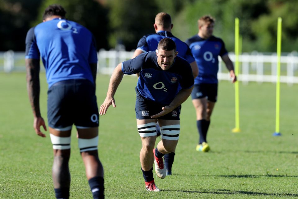 TREVISO, ITALY - SEPTEMBER 03: Mark Wilson  (C) stretches during the England training session held on September 03, 2019 in Treviso, Italy. (Photo by David Rogers/Getty Images)