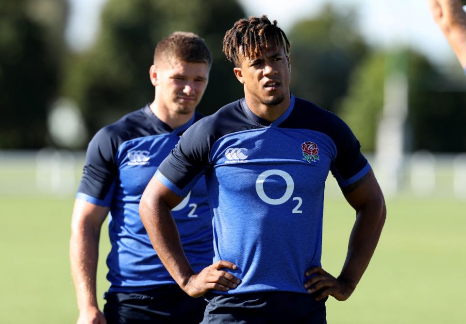 TREVISO, ITALY - SEPTEMBER 03: Anthony Watson (R) looks on with Owen Farrell during the England training session held on September 03, 2019 in Treviso, Italy. (Photo by David Rogers/Getty Images)