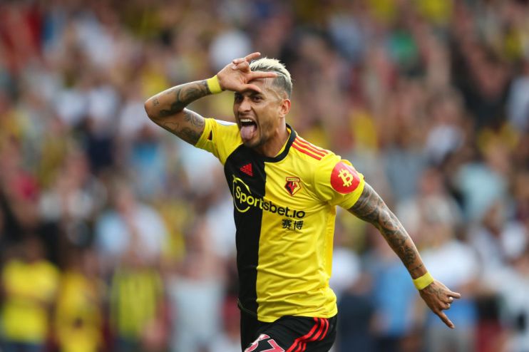 WATFORD, ENGLAND - SEPTEMBER 15: Roberto Pereyra of Watford celebrates as he scores his team's second goal from a penalty during the Premier League match between Watford FC and Arsenal FC at Vicarage Road on September 15, 2019 in Watford, United Kingdom. (Photo by Marc Atkins/Getty Images)