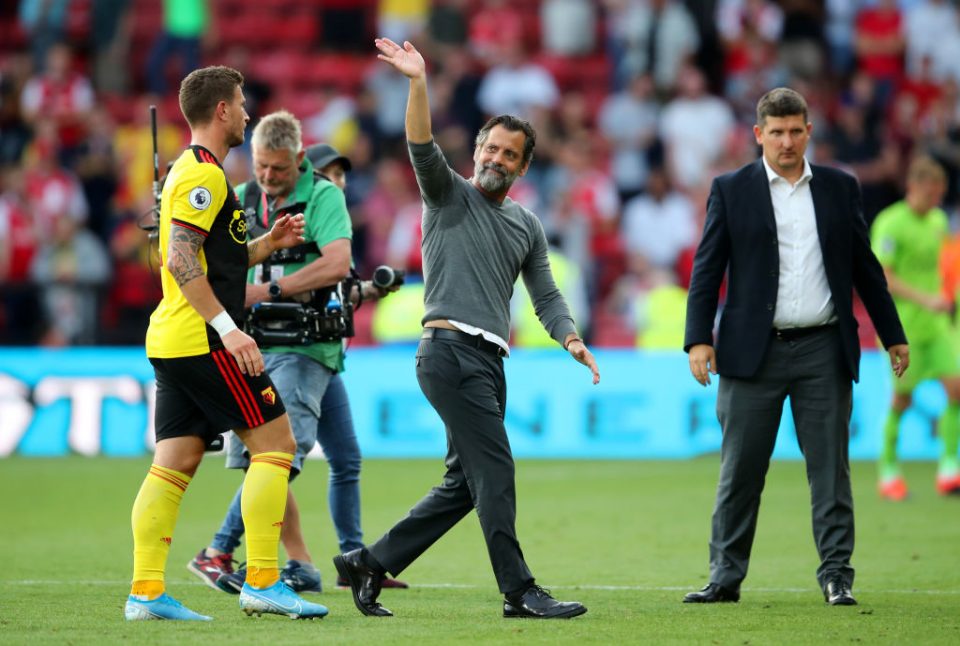 WATFORD, ENGLAND - SEPTEMBER 15:  Quique Sanchez Flores, Manager of Watford acknowledges the fans after the Premier League match between Watford FC and Arsenal FC at Vicarage Road on September 15, 2019 in Watford, United Kingdom. (Photo by Marc Atkins/Getty Images)