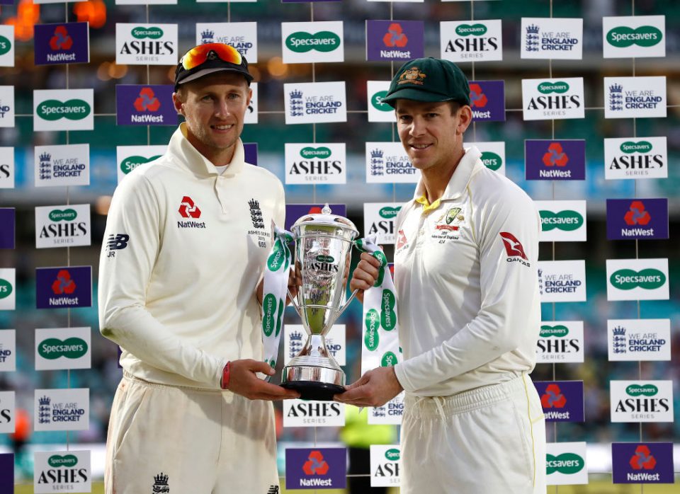 LONDON, ENGLAND - SEPTEMBER 15: Joe Root of England and Tim Paine of Australia pose with the series trophy during day four of the 5th Specsavers Ashes Test between England and Australia at The Kia Oval on September 15, 2019 in London, England. (Photo by Ryan Pierse/Getty Images)