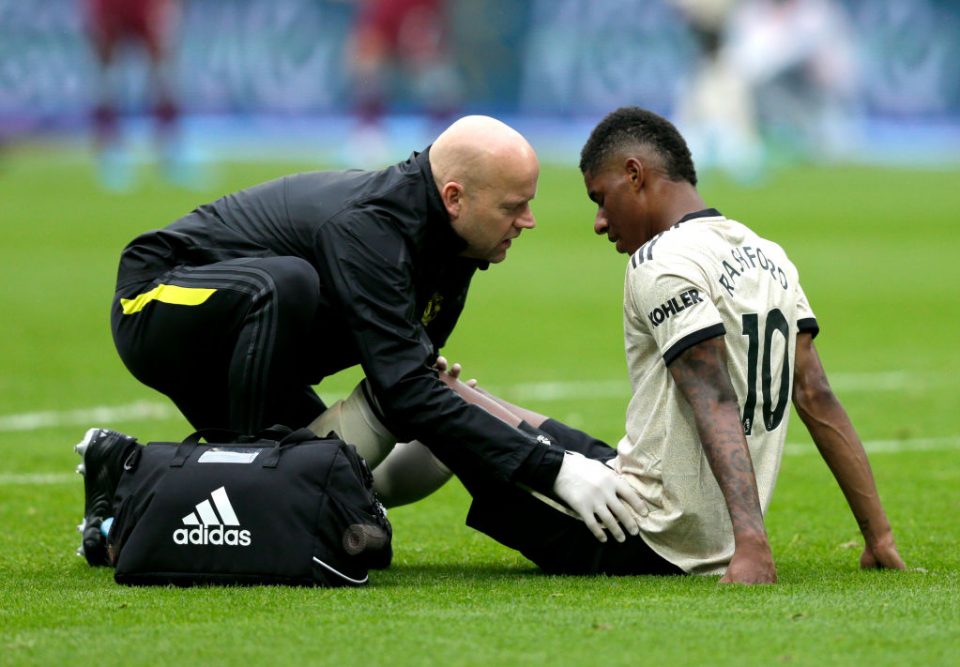 LONDON, ENGLAND - SEPTEMBER 22: An injured Marcus Rashford of Manchester United  during the Premier League match between West Ham United and Manchester United at London Stadium on September 22, 2019 in London, United Kingdom. (Photo by Henry Browne/Getty Images)