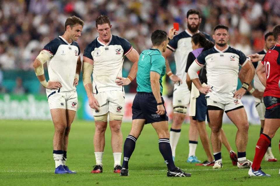 KOBE, JAPAN - SEPTEMBER 26: Match Referee Nic Berry shows a red card to John Quill of USA during the Rugby World Cup 2019 Group C game between England and USA at Kobe Misaki Stadium on September 26, 2019 in Kobe, Hyogo, Japan. (Photo by Mike Hewitt/Getty Images)