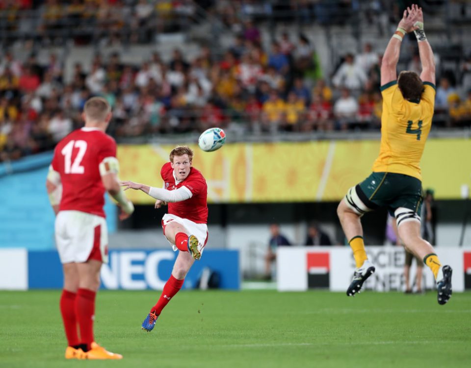 CHOFU, JAPAN - SEPTEMBER 29: Rhys Patchell of Wales kicks a penalty during the Rugby World Cup 2019 Group D game between Australia and Wales at Tokyo Stadium on September 29, 2019 in Chofu, Tokyo, Japan. (Photo by Shaun Botterill/Getty Images)