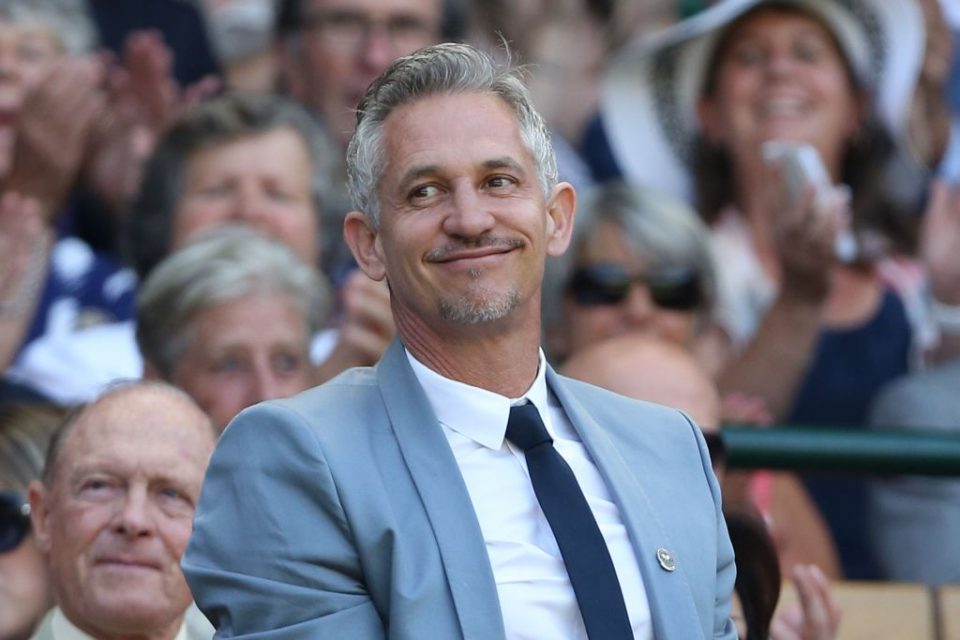 Former England footballer and television presenter Gary Lineker stands and waves in the royal box on centre court before the start of the men's singles third round match between Australia's Samuel Groth and Switzerland's Roger Federer on day six of the 2015 Wimbledon Championships at The All England Tennis Club in Wimbledon, southwest London, on July 4, 2015.   RESTRICTED TO EDITORIAL USE  --   AFP PHOTO / JUSTIN TALLIS (Photo by Justin TALLIS / AFP)        (Photo credit should read JUSTIN TALLIS/AFP/Getty Images)
