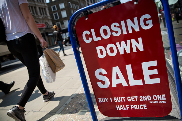 LONDON, ENGLAND - JUNE 09: A closing down sale sign is seen outside a men's clothing shop on Oxford Street on June 9, 2016 in London, England. Conditions are tough for the High Street as retailers recorded a 1.9% drop in May. The warmer weather saw customers shopping for summer clothes, food for outdoor dining and toys. However shoppers are expected to remain cautious and the British Retail Consortium predicts volatile sales figures for the time being. (Photo by Jack Taylor/Getty Images)