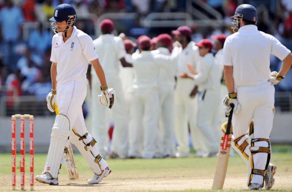 England's batsman Alastair Cook (L) leaves the field after being dismissed off West Indies bowler Jerome Taylor as his team captain Andrew Strauss (R) looks on during the fourth day of the first Test match between England and West Indies at the Sabina Park Cricket Groud in Kingston on February 7, 2009. West Indies lead by 74 runs at the end of first innings play.         AFP PHOTO/Jewel SAMAD (Photo credit should read JEWEL SAMAD/AFP/Getty Images)