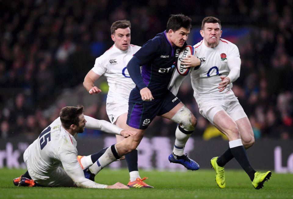 LONDON, ENGLAND - MARCH 16:  Sam Johnson of Scotland evades Elliot Daly, George Ford and Ben Spencer of England as he crosses to score their sixth try during the Guinness Six Nations match between England and Scotland at Twickenham Stadium on March 16, 2019 in London, England. (Photo by Laurence Griffiths/Getty Images)