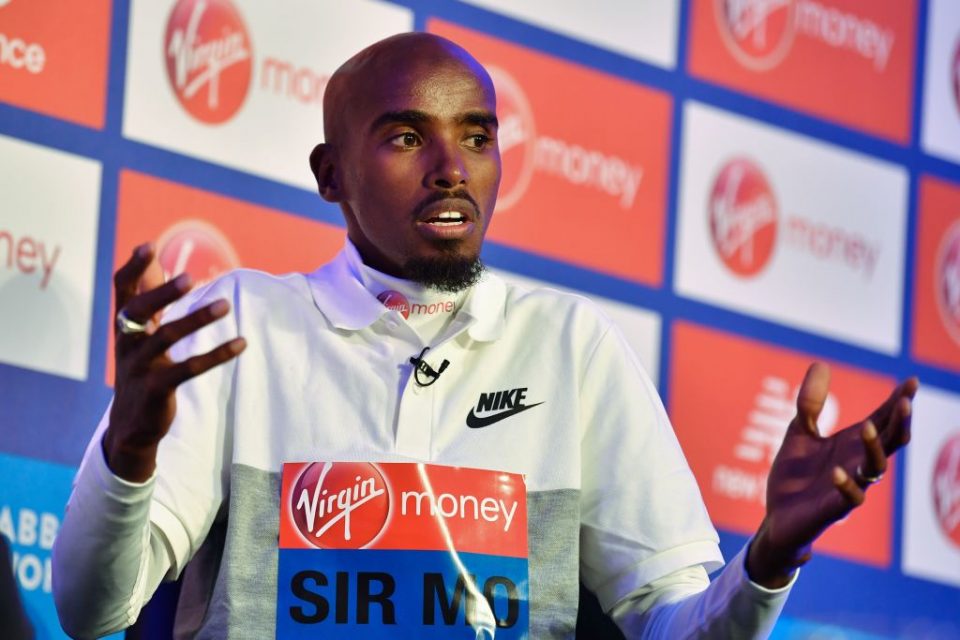 Men's elite runner Britain's Mo Farah speaks during a press conference following a photocall for the London marathon at Tower Bridge in central London on April 24, 2019. (Photo by Ben STANSALL / AFP)        (Photo credit should read BEN STANSALL/AFP/Getty Images)