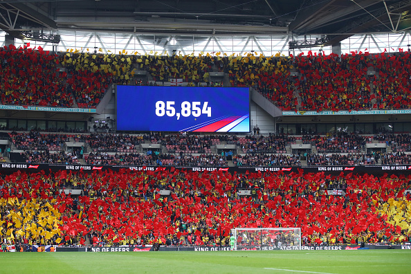 LONDON, ENGLAND - MAY 18: General view inside the stadium as Watford fans wave flags and the attendance is announced in the stadium during the FA Cup Final match between Manchester City and Watford at Wembley Stadium on May 18, 2019 in London, England. (Photo by Julian Finney/Getty Images)