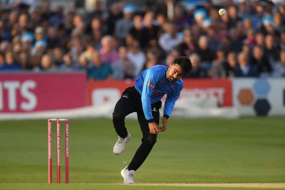 HOVE, ENGLAND - AUGUST 06: Rashid Khan of Sussex in action during the Vitality Blast match between Sussex Sharks and Essex Eagles at The 1st Central County Ground on August 06, 2019 in Hove, England. (Photo by Mike Hewitt/Getty Images)