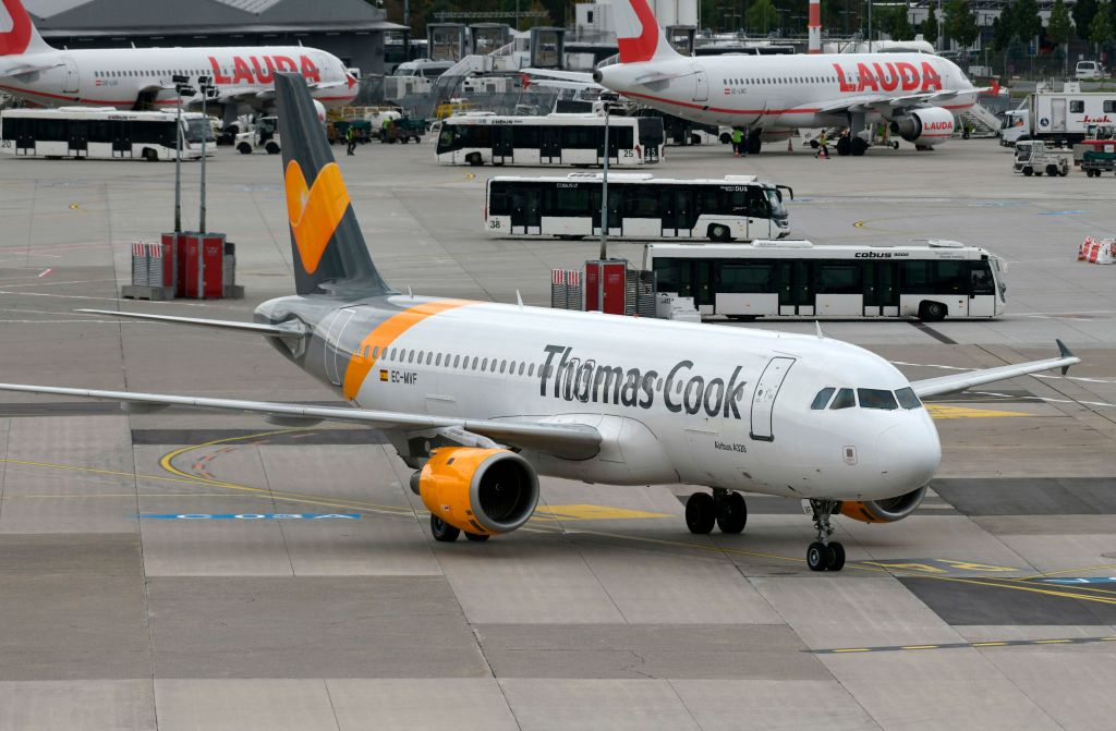 This picture shows an aircraft of Thomas Cook airline on September 24, 2019 at the airport in Duesseldorf, western Germany. (Photo by INA FASSBENDER / AFP) (Photo by INA FASSBENDER/AFP via Getty Images)
