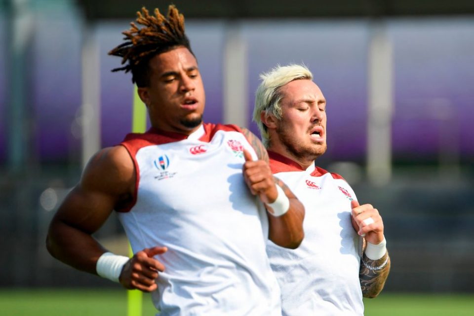 England's wing Jack Nowell (R) and wing Anthony Watson (L) take part in a training in Tokyo on October 2, 2019, during the Japan 2019 Rugby World Cup. (Photo by William WEST / AFP) (Photo by WILLIAM WEST/AFP via Getty Images)