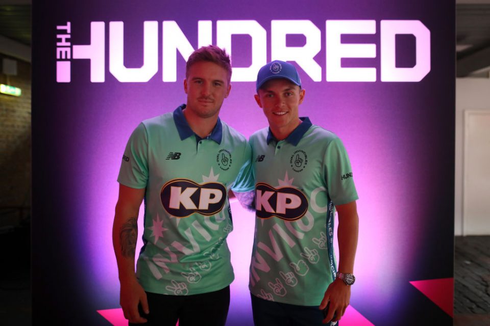 LONDON, ENGLAND - OCTOBER 03: Jason Roy and Sam Curran of Oval Invincibles one of the eight new mens and womens teams that will be competing in new 100 ball cricket competition, The Hundred, starting in summer 2020 during The Hundred Launch on October 3, 2019 in London, England. (Photo by Charlie Crowhurst/Getty Images for ECB)
