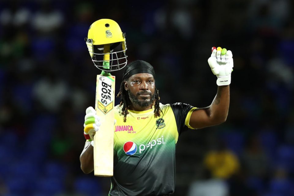 BASSETERRE, ST KITTS, SAINT KITTS AND NEVIS - SEPTEMBER 10: In this handout image provided by CPL T20, Chris Gayle of Jamaica Tallawahs brings up his century during the Hero Caribbean Premier League match between St Kitts Nevis Patriots and Jamaica Tallawahs at Warner Park Sporting Complex on September 10, 2019 in Basseterre, St Kitts, Saint Kitts and Nevis. (Photo by Ashley Allen - CPL T20/CPL T20 via Getty Images )