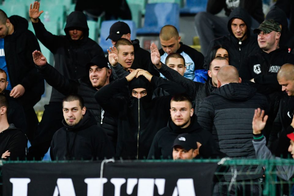 Bulgarian fans react during the Euro 2020 Group A football qualification match between Bulgaria and England at the Vasil Levski National Stadium in Sofia on October 14, 2019. (Photo by NIKOLAY DOYCHINOV / AFP) (Photo by NIKOLAY DOYCHINOV/AFP via Getty Images)
