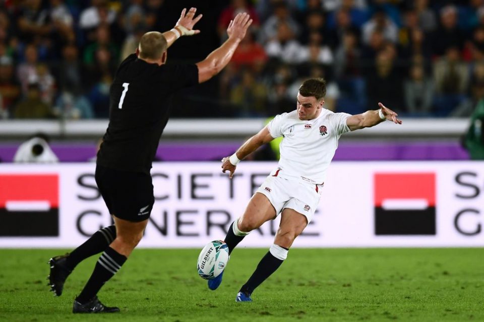 England's fly-half George Ford (R) kicks the ball beside New Zealand's prop Joe Moody during the Japan 2019 Rugby World Cup semi-final match between England and New Zealand at the International Stadium Yokohama in Yokohama on October 26, 2019. (Photo by CHARLY TRIBALLEAU / AFP) (Photo by CHARLY TRIBALLEAU/AFP via Getty Images)