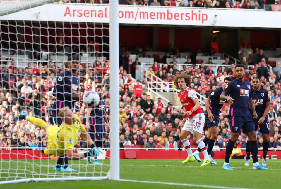 LONDON, ENGLAND - OCTOBER 06: David Luiz of Arsenal scores his team's first goal during the Premier League match between Arsenal FC and AFC Bournemouth  at Emirates Stadium on October 06, 2019 in London, United Kingdom. (Photo by Catherine Ivill/Getty Images)
