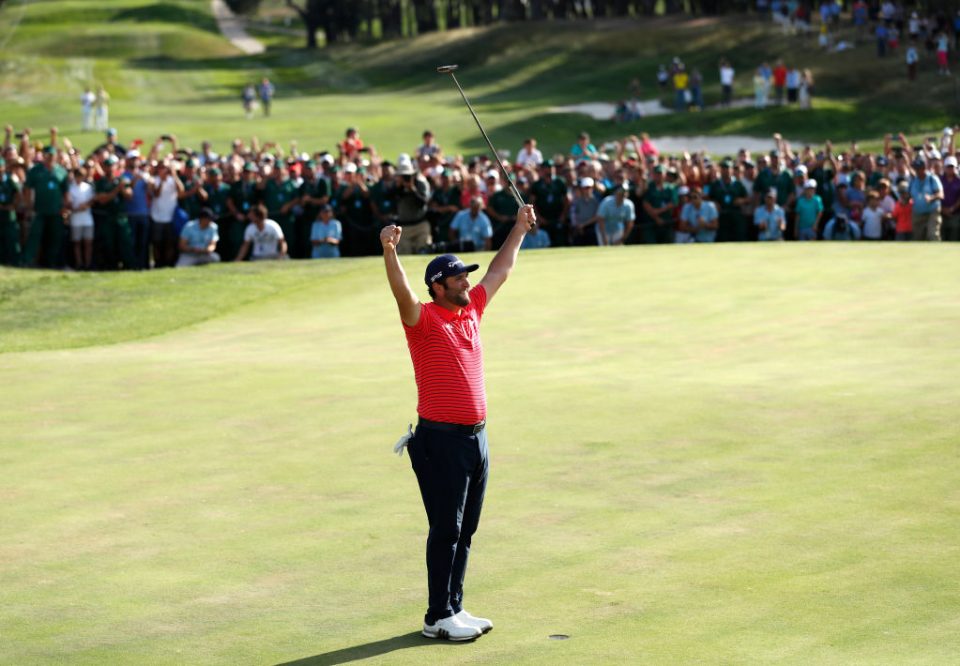 MADRID, SPAIN - OCTOBER 06: Jon Rahm of Spain celebrates winning the Open de Espana during Day four of the Open de Espana at Club de Campo Villa de Madrid on October 06, 2019 in Madrid, Spain. (Photo by Luke Walker/Getty Images)