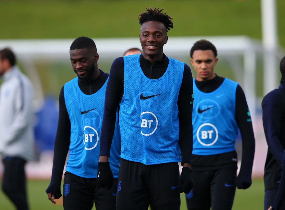 BURTON-UPON-TRENT, ENGLAND - OCTOBER 10: Tammy Abraham, Fikayo Tomori and Trent Alexander-Arnold of England look on during a training session at St Georges Park on October 10, 2019 in Burton-upon-Trent, England. (Photo by Alex Livesey/Getty Images)