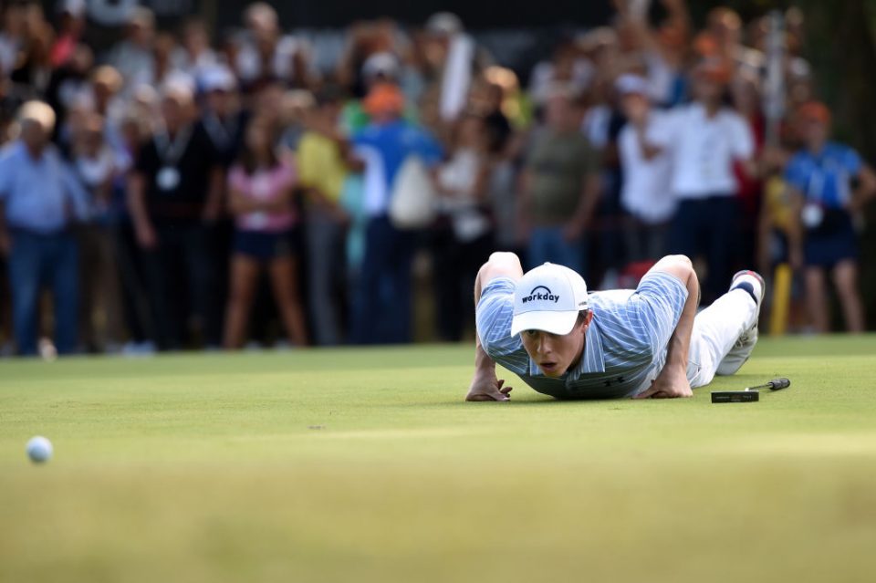 ROME, ITALY - OCTOBER 13: Matthew Fitzpatrick of England lines up a putt on the 15th green during Day Four of the Italian Open at Olgiata Golf Club on October 13, 2019 in Rome, Italy. (Photo by Tullio M. Puglia/Getty Images)