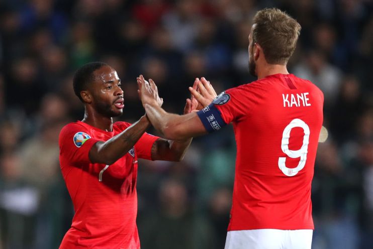 SOFIA, BULGARIA - OCTOBER 14: Raheem Sterling of England celebrates with Harry Kane after he scores his sides fifth goal during the UEFA Euro 2020 qualifier between Bulgaria and England on October 14, 2019 in Sofia, Bulgaria. (Photo by Catherine Ivill/Getty Images)