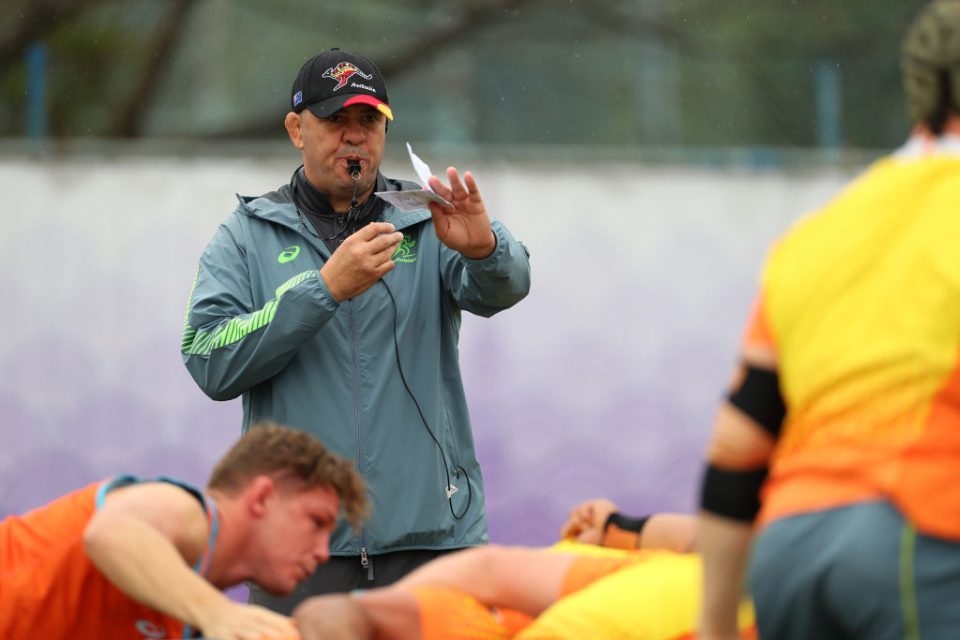 OITA, JAPAN - OCTOBER 17:  Michael Cheika, Head Coach of Australia shouts instructions during a training session at Matsuoka Ground on October 17, 2019 in Oita, Japan. (Photo by Dan Mullan/Getty Images)