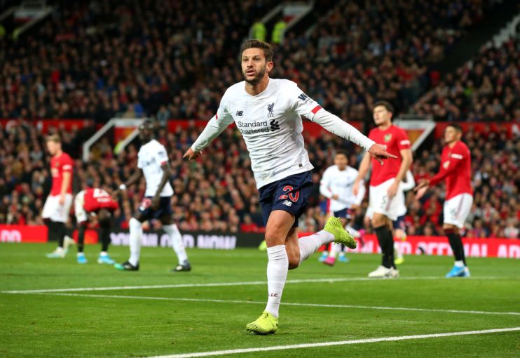 MANCHESTER, ENGLAND - OCTOBER 20: Adam Lallana of Liverpool celebrates after scoring his sides first goal during the Premier League match between Manchester United and Liverpool FC at Old Trafford on October 20, 2019 in Manchester, United Kingdom. (Photo by Alex Livesey/Getty Images)
