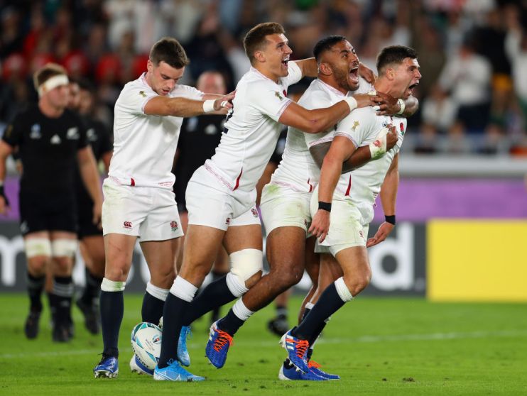 YOKOHAMA, JAPAN - OCTOBER 26: Ben Youngs of England celebrates with team-mates Manu Tuilagi, Henry Slade and George Ford after scoring a disallowed try during the Rugby World Cup 2019 Semi-Final match between England and New Zealand at International Stadium Yokohama on October 26, 2019 in Yokohama, Kanagawa, Japan. (Photo by Shaun Botterill/Getty Images)