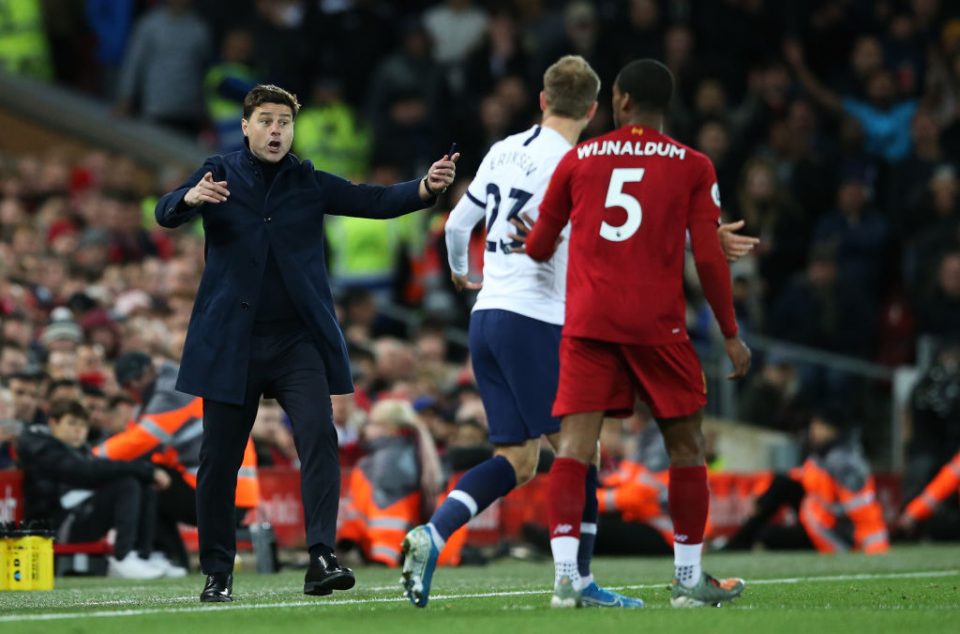 LIVERPOOL, ENGLAND - OCTOBER 27:  Mauricio Pochettino, Manager of Tottenham Hotspur reacts towards Christian Eriksen of Tottenham Hotspur during the Premier League match between Liverpool FC and Tottenham Hotspur at Anfield on October 27, 2019 in Liverpool, United Kingdom. (Photo by Jan Kruger/Getty Images)