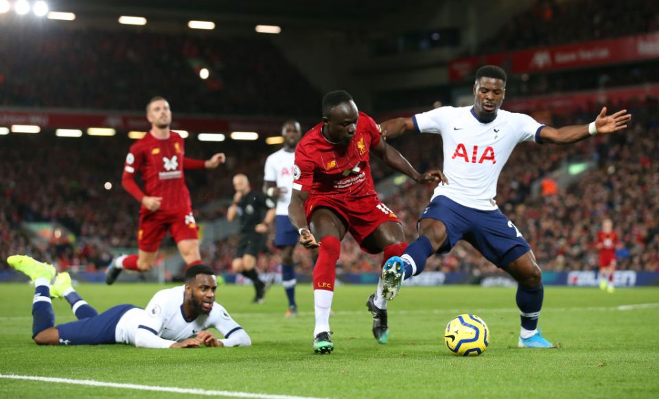 LIVERPOOL, ENGLAND - OCTOBER 27:  Sadio Mane of Liverpool battles with Serge Aurier and Danny Rose of Tottenham Hotspur during the Premier League match between Liverpool FC and Tottenham Hotspur at Anfield on October 27, 2019 in Liverpool, United Kingdom. (Photo by Jan Kruger/Getty Images)