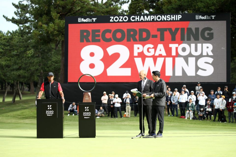 INZAI, JAPAN - OCTOBER 28: Tiger Woods of the United States speaks at the award ceremony following the final round of the Zozo Championship at Accordia Golf Narashino Country Club on October 28, 2019 in Inzai, Chiba, Japan. (Photo by Chung Sung-Jun/Getty Images)