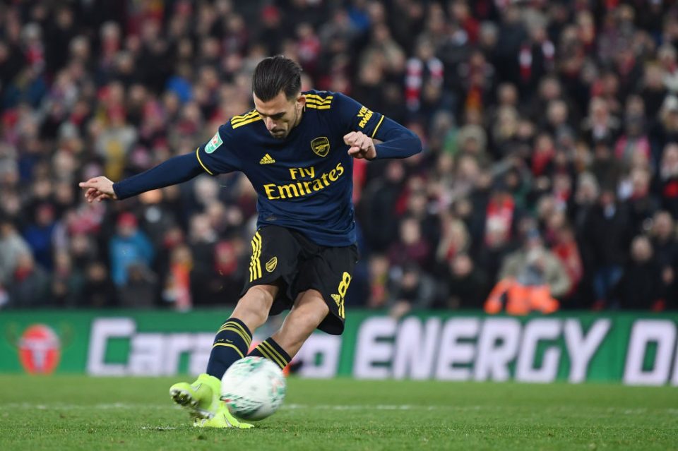 LIVERPOOL, ENGLAND - OCTOBER 30: Dani Ceballos of Arsenal misses his sides fourth penalty during the penalty shoot out during the Carabao Cup Round of 16 match between Liverpool and Arsenal at Anfield on October 30, 2019 in Liverpool, England. (Photo by Laurence Griffiths/Getty Images)