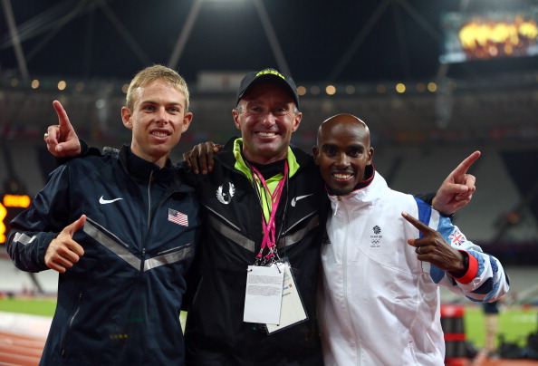 LONDON, ENGLAND - AUGUST 04:  (R) Mohamed Farah of Great Britain celebrates winning gold with silver medalist Galen Rupp of the United States and (C) coach Alberto Salazar after the Men's 10,000m Final on Day 8 of the London 2012 Olympic Games at Olympic Stadium on August 4, 2012 in London, England.  (Photo by Michael Steele/Getty Images)