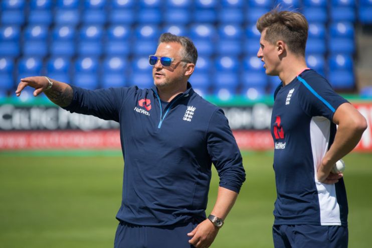 CARDIFF, WALES - AUGUST 05: Darren Gough gestures with Jack Blatherwick (R) during England U19 cricket training at the SSE Swalec Stadium on August 5, 2017 in Cardiff, Wales. The Royal International Series starts on Monday with a series of five one-day matches against India. (Photo by Matthew Horwood/Getty Images)