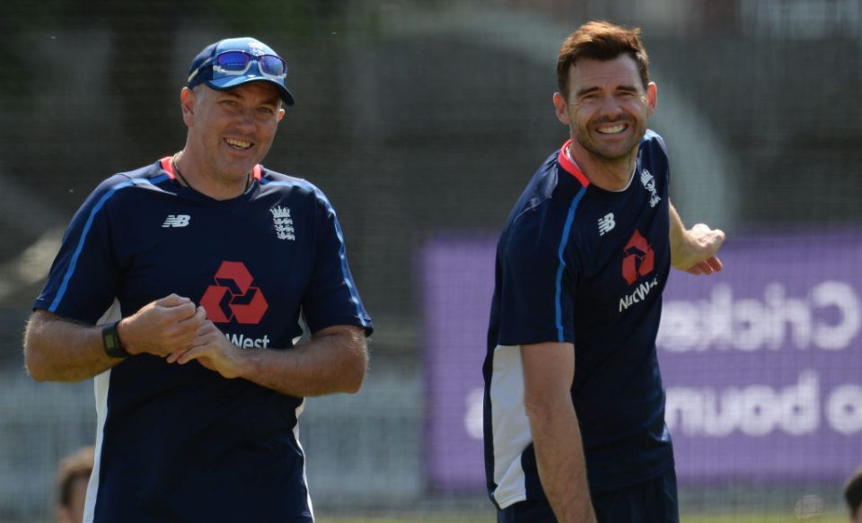 LONDON, ENGLAND - MAY 22 : Chris Silverwood and James Anderson of England look on during a training session before the 1st Test match between England and Pakistan at Lord's cricket ground on May 22, 2018 in London, England. (Photo by Philip Brown/Getty Images)