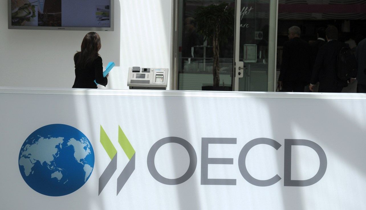 A participant stands at the OECD headquarters in Paris during the presentation of the Economic Outlook at the 2013 OECD Week on May 29, 2013.  AFP PHOTO  ERIC PIERMONT        (Photo credit should read ERIC PIERMONT/AFP via Getty Images)