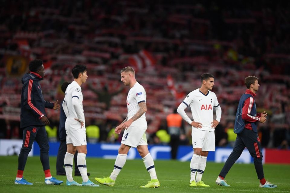 Tottenham Hotspur's players react on the pitch after the final whistle in the UEFA Champions League Group B football match between Tottenham Hotspur and Bayern Munich at the Tottenham Hotspur Stadium in north London, on October 1, 2019. - Bayern won the game 7-2. (Photo by DANIEL LEAL-OLIVAS / AFP) (Photo by DANIEL LEAL-OLIVAS/AFP via Getty Images)