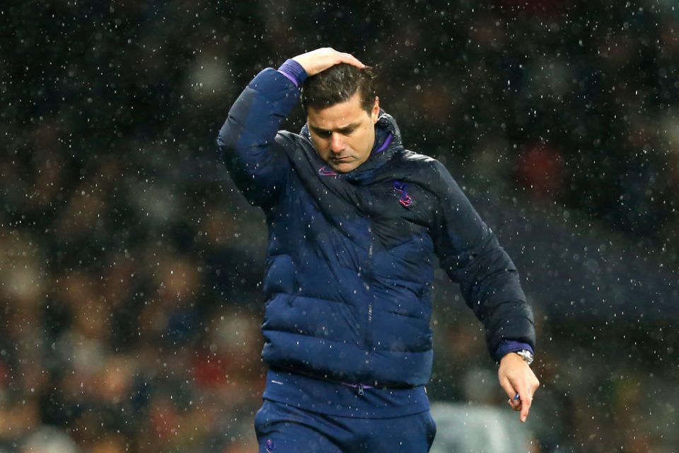 Tottenham Hotspur's Argentinian head coach Mauricio Pochettino reacts during the English Premier League football match between Tottenham Hotspur and Sheffield United at Tottenham Hotspur Stadium in London, on November 9, 2019. (Photo by Ian KINGTON / AFP) / RESTRICTED TO EDITORIAL USE. No use with unauthorized audio, video, data, fixture lists, club/league logos or 'live' services. Online in-match use limited to 120 images. An additional 40 images may be used in extra time. No video emulation. Social media in-match use limited to 120 images. An additional 40 images may be used in extra time. No use in betting publications, games or single club/league/player publications. / (Photo by IAN KINGTON/AFP via Getty Images)