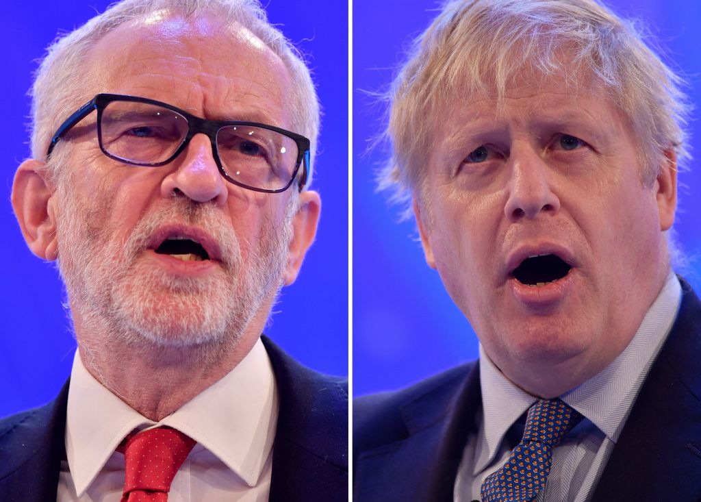 A combination of pictures created in London on November 18, 2019 shows Britain's Prime Minister and Conservative Party leader Boris Johnson (R) and Britain's main opposition Labour Party leader Jeremy Corbyn (L) giving speeches during their general election campaigns. - Britain will go to the polls on December 12, 2019 to vote in a pre-Christmas general election. (Photo by Ben STANSALL / AFP) (Photo by BEN STANSALL/AFP via Getty Images)