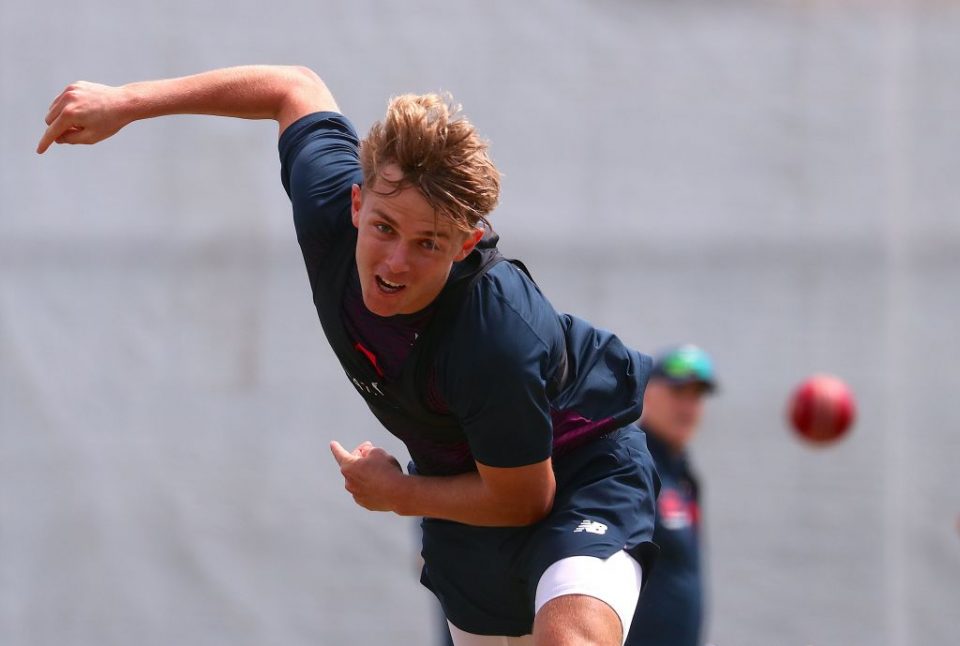 England cricket team player Sam Curran bowls during a practice session at Bay Oval in Mount Maunganui, New Zealand on November 19, 2019. - The first cricket Test between New Zealand and England begins November 21. (Photo by DAVID GRAY / AFP) (Photo by DAVID GRAY/AFP via Getty Images)