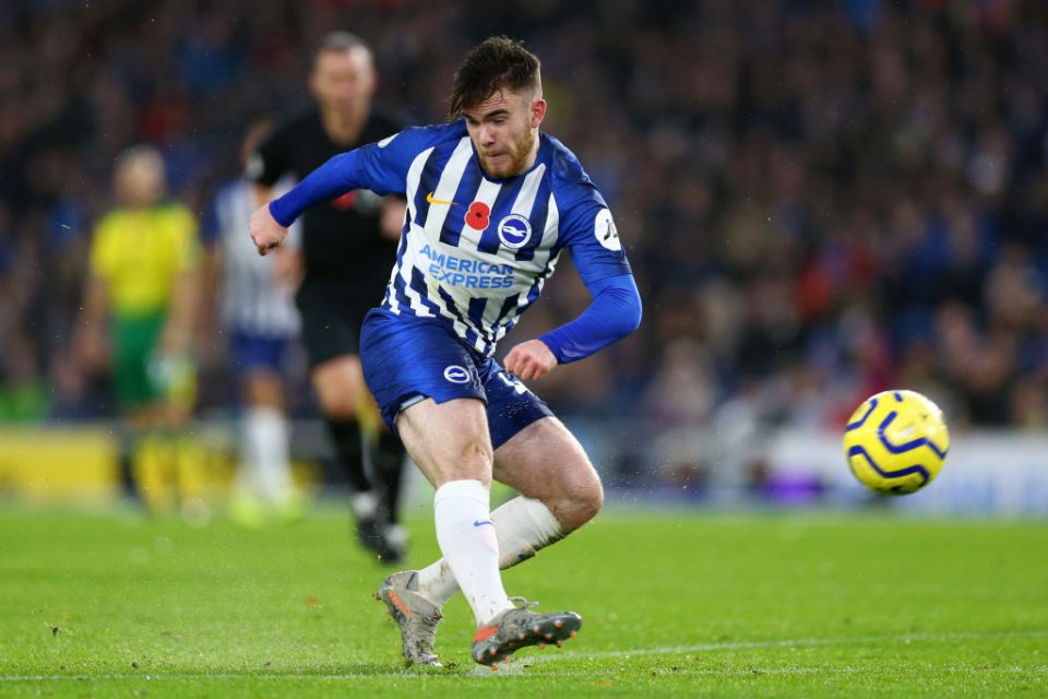 BRIGHTON, ENGLAND - NOVEMBER 02:  Aaron Connolly of Brighton and Hove Albion shoots during the Premier League match between Brighton & Hove Albion and Norwich City at American Express Community Stadium on November 02, 2019 in Brighton, United Kingdom. (Photo by Steve Bardens/Getty Images)