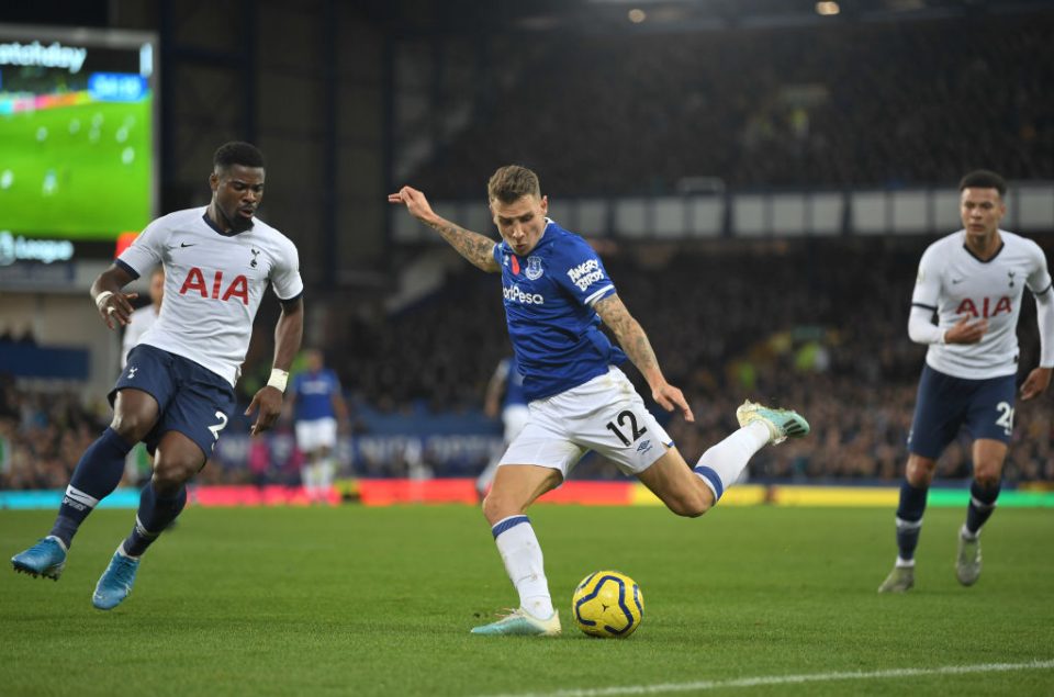 LIVERPOOL, ENGLAND - NOVEMBER 03: Lucas Digne of Everton looks to break past Serge Aurier of Tottenham Hotspur during the Premier League match between Everton FC and Tottenham Hotspur at Goodison Park on November 03, 2019 in Liverpool, United Kingdom. (Photo by Michael Regan/Getty Images)