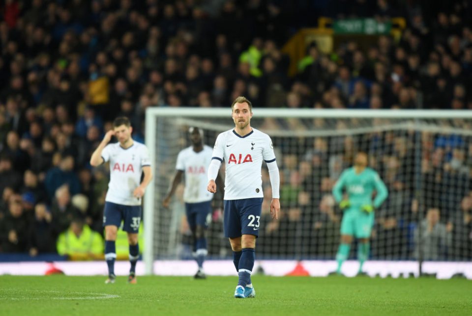 LIVERPOOL, ENGLAND - NOVEMBER 03: Christian Eriksen of Tottenham Hotspur cuts a dejected figure as his side concede during the Premier League match between Everton FC and Tottenham Hotspur at Goodison Park on November 03, 2019 in Liverpool, United Kingdom. (Photo by Michael Regan/Getty Images)