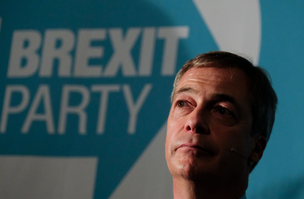 SEDGEFIELD, ENGLAND - NOVEMBER 11: Brexit Party leader Nigel Farage speaks during the Brexit Party general election campaign tour at Sedgefield Racecourse on November 11, 2019 in Sedgefield, England. Nigel Farage has announced that his party will not stand in 317 seats won by the Conservative Party in 2017. Britain goes to the polls on December 12 to vote in a pre-Christmas general election.